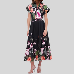 Floral Printed Lapel Long Sleeve Patchwork Button Loose Midi Dresses