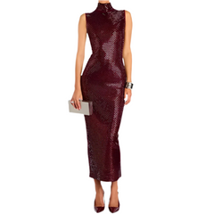 Elegant Diamonds Stand Collar Sleeveless Back Double Zipper Split Dress