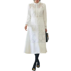 Hollow Out Embroidery Stand Collar Long Sleeve High Waist A Line Dress