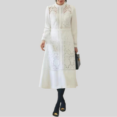 Hollow Out Embroidery Stand Collar Long Sleeve High Waist A Line Dress