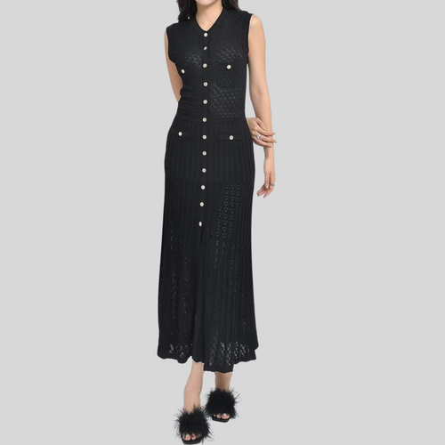 Sleeveless Round Neck Slim Fit Knitted with Metal Button front pleated midi Dress