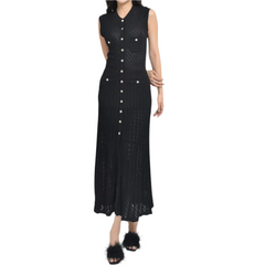 Sleeveless Round Neck Slim Fit Knitted with Metal Button front pleated midi Dress