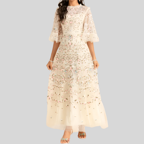 Flower Hanging Neck Backless Long Dresses
