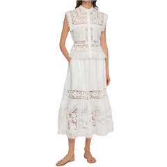 Embroidery Hollow Out Set O-Neck Sleeveless Single Breasted Blouse or Sweet A-Line Midi Skirt Set