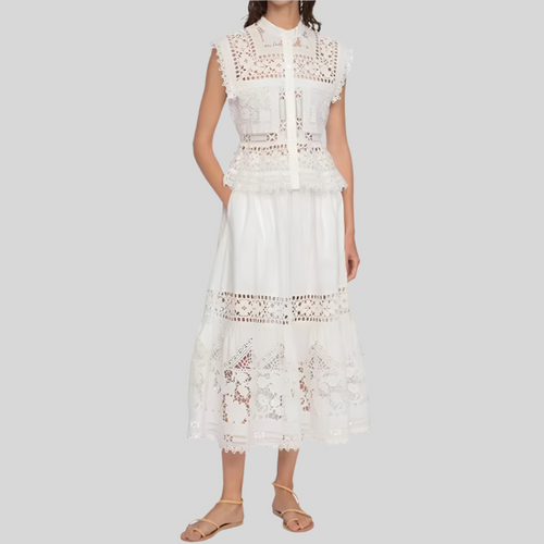 Embroidery Hollow Out Set O-Neck Sleeveless Single Breasted Blouse or Sweet A-Line Midi Skirt Set