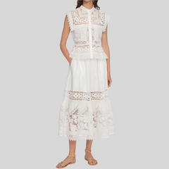 Embroidery Hollow Out Set O-Neck Sleeveless Single Breasted Blouse or Sweet A-Line Midi Skirt Set