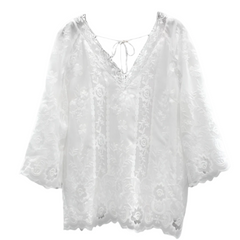 Lace Blouse White Deep V-Neck Embroidery Loose Lace Top