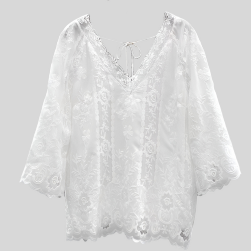 Lace Blouse White Deep V-Neck Embroidery Loose Lace Top
