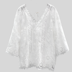 Lace Blouse White Deep V-Neck Embroidery Loose Lace Top