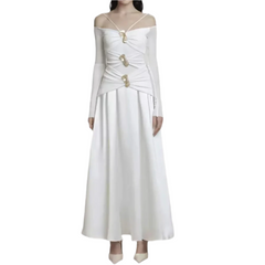 Elegant Patchwork Metal Strapless Off Shoulder Sleeve High Waist Dress