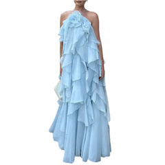 Solid Spliced Ruffles Halter Sleeveless High Wasit Backless Loose Dress