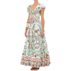 Vintage Print Fly-sleeve V-neck elastic high-waisted dress