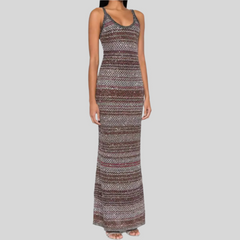 Striped Sequined Round Neck Sleeveless Elegant Slim Knitted Maxi Dress