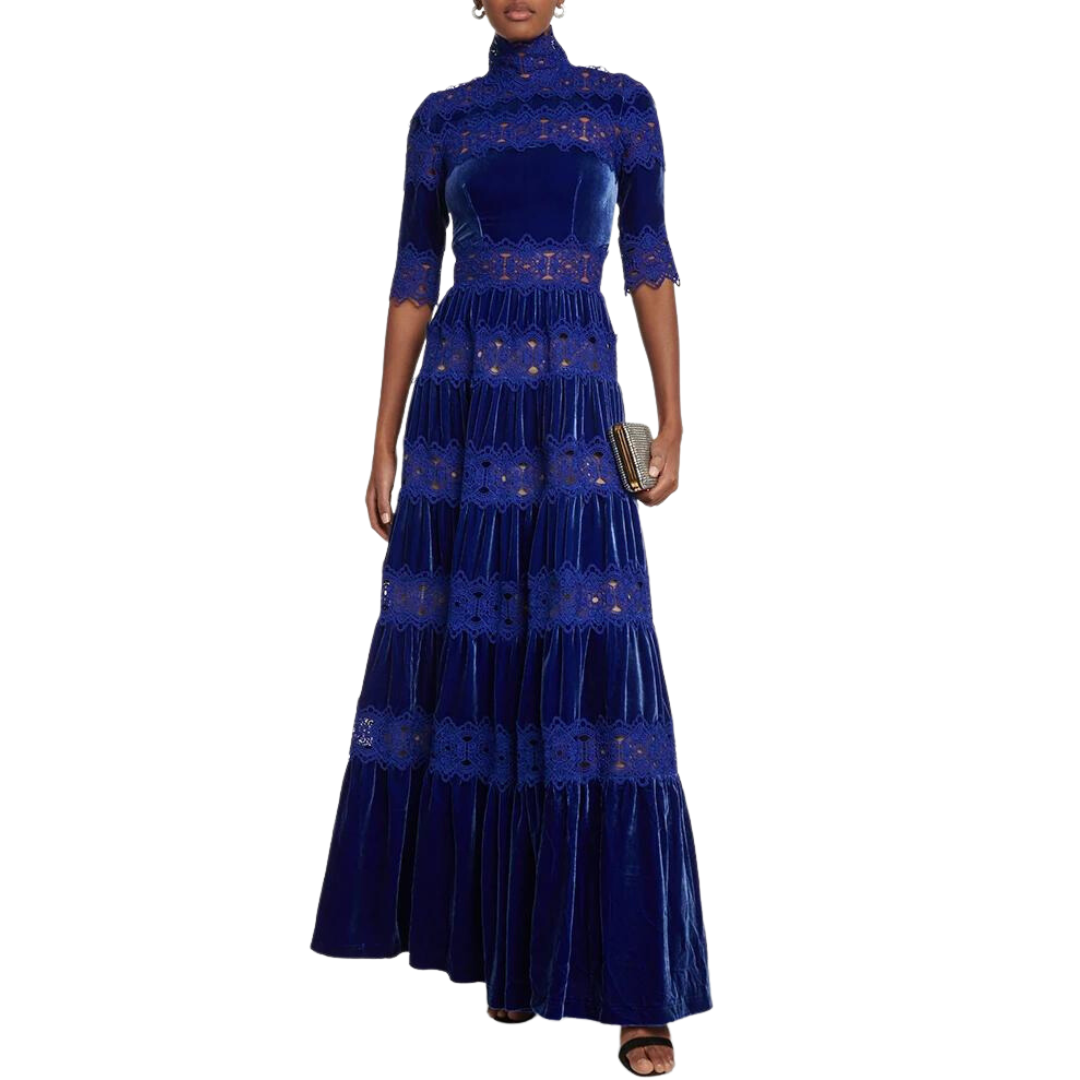Hollow Out Embroidery Elegant Turtleneck Half Sleeve High Waist Vintage Dress