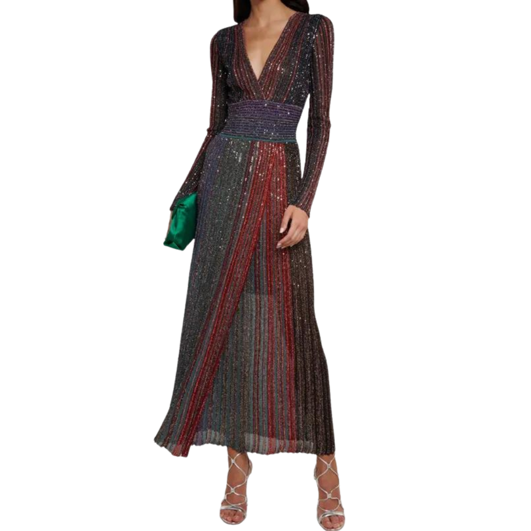 V-Neck Colorful Striped Bright silk Design Collect Waist Slim Split Pleated Knit Dress