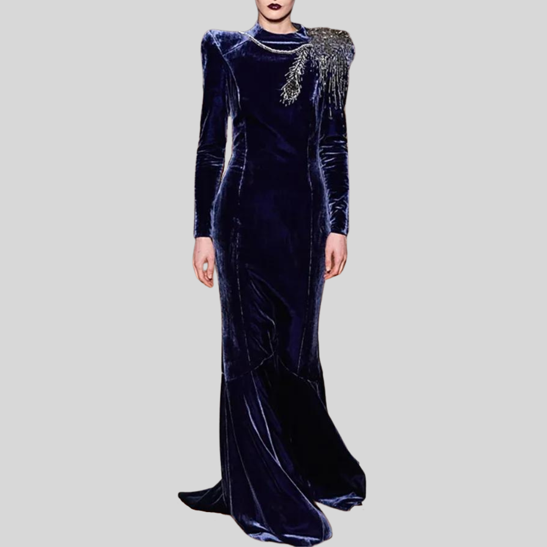 O-neck Long Sleeve Velvet Diamond-bordered Solid Color Dress