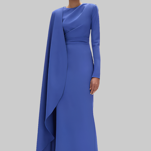 Long Sleeve Maxi  With Draped Cape Formal Dress
