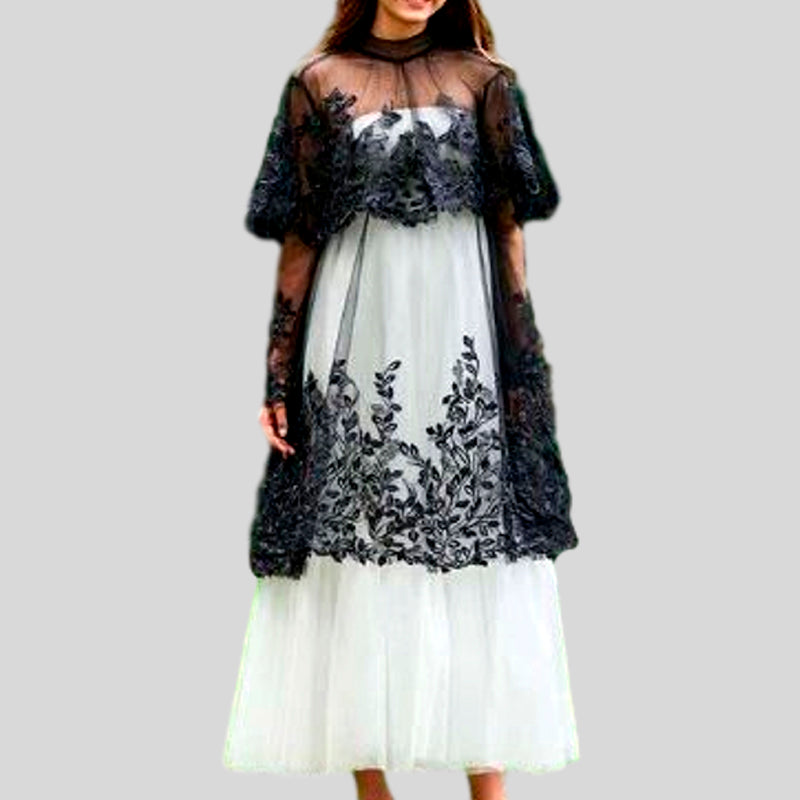 High Neck A Line Long Sleeves Ankle Length Appliques Tulle Evening Dress