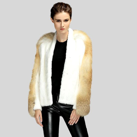 Luxury Natural Mink Fur Coat With Fox Fur Collar Waist Belt Mink Fur Jacket