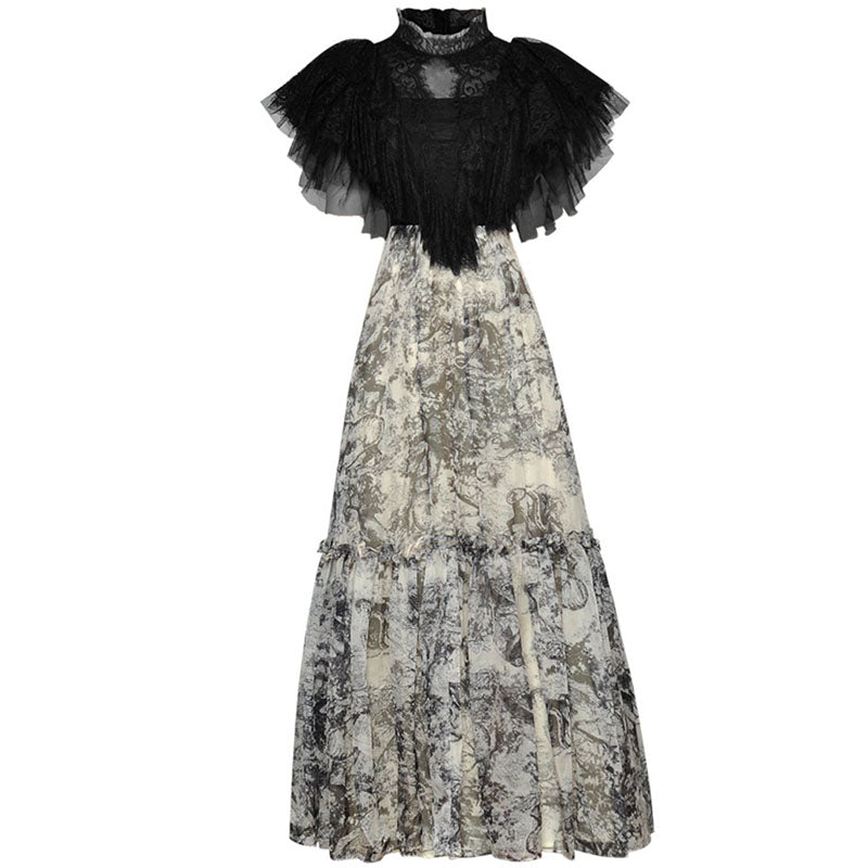 Long Dress Lace Patchwork Ink Printed Butterfly Sleeve Elegant Dress