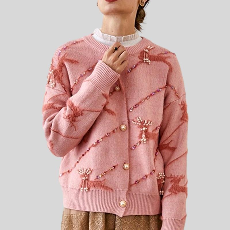 Round Neck Fawn Beaded Loose Pink Sewater Knitted Cardigan