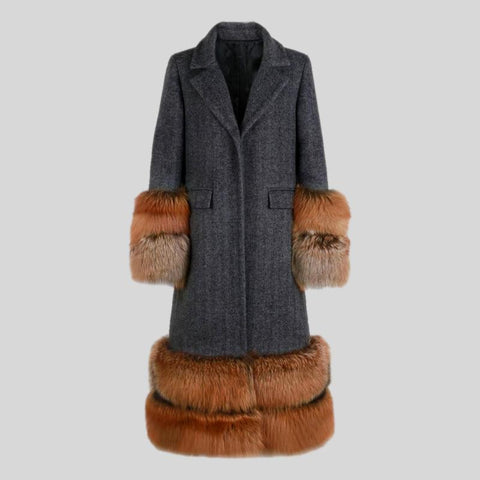 Plus Size  Real Fox Fur Collar Genuine Leather Trench Coat