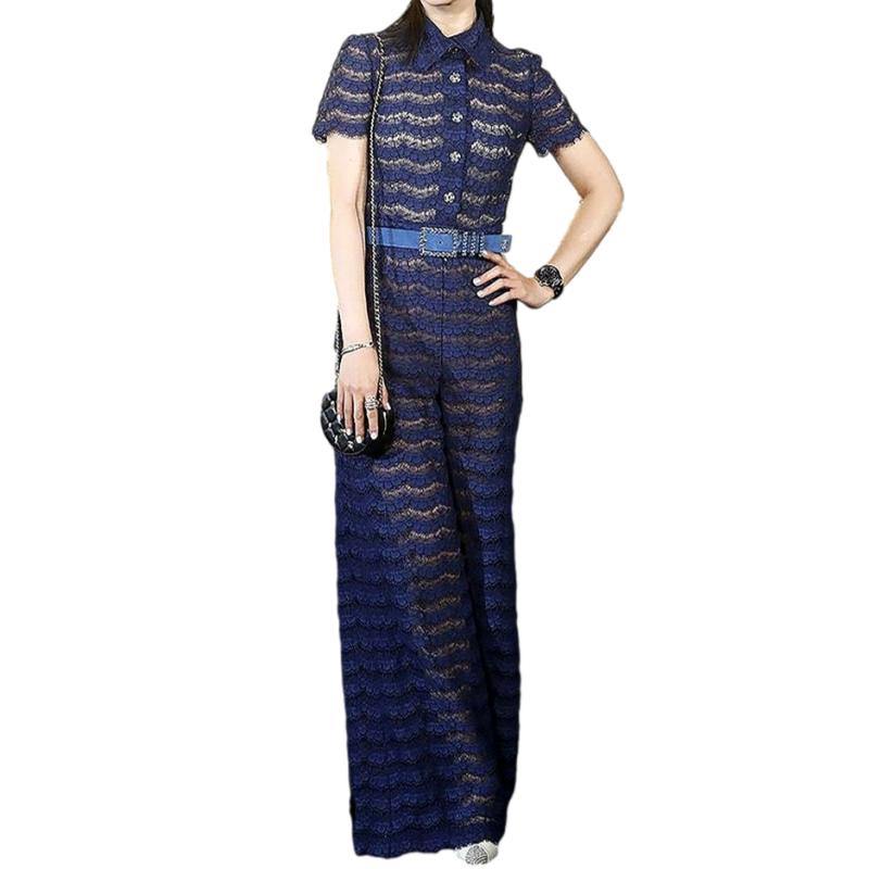 Turn-down collar Short sleeve Lace Jumpsuit