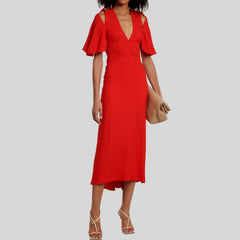 Elegant Off Shoulder Solid New V Neck Short Sleeve Dress