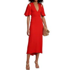 Elegant Off Shoulder Solid New V Neck Short Sleeve Dress