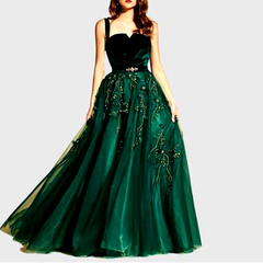 Green Spaghetti Strap Long evening Dress