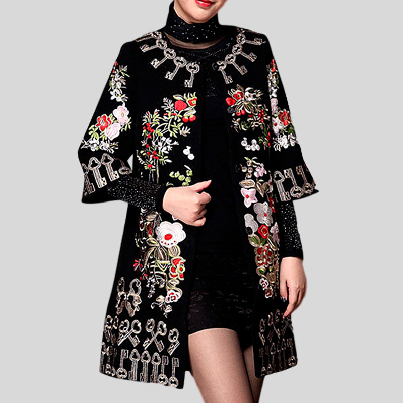 Embroidery Woolen Elegant Plus Size Loose Trench