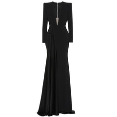 V-neck High Waist Floor-length Long Sleeve Loose Dress