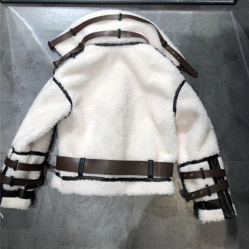 Lamb Wool Fur Genuine Leather Sheepskin Double Layers Collar Jacket