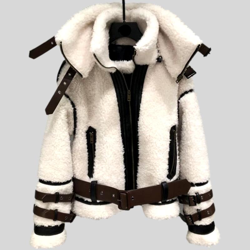 Lamb Wool Fur Genuine Leather Sheepskin Double Layers Collar Jacket