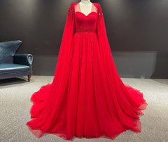Red Beaded Cape A-line Elegant Dresses