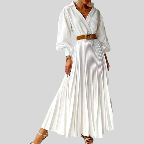 O-Neck Long Sleeve Hollow Out Elegant Pleated Dress