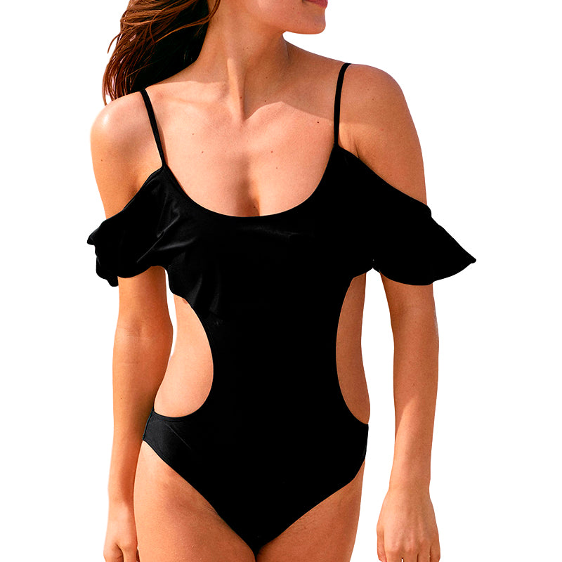Off Shoulder Ruffle Hollow Out One-Piece Swimsuit