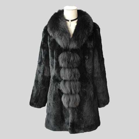 Wool  Rabbit Fur Collar Tweed Chinchilla Print Stand Collar Coat