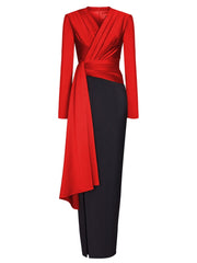 Elegant Midi Pleated Solid V Neck Long Sleeve Evening Party Dress