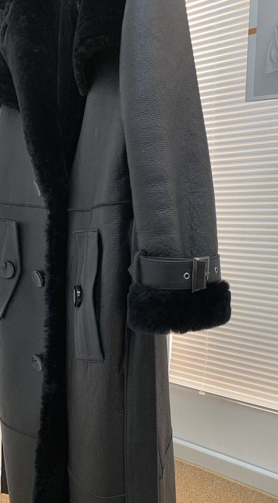 Luxury Long Real Leather Full Sleeve Double Breasted Coat