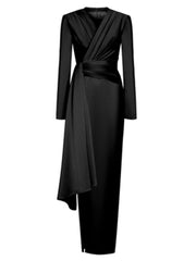 Elegant Midi Pleated Solid V Neck Long Sleeve Evening Party Dress