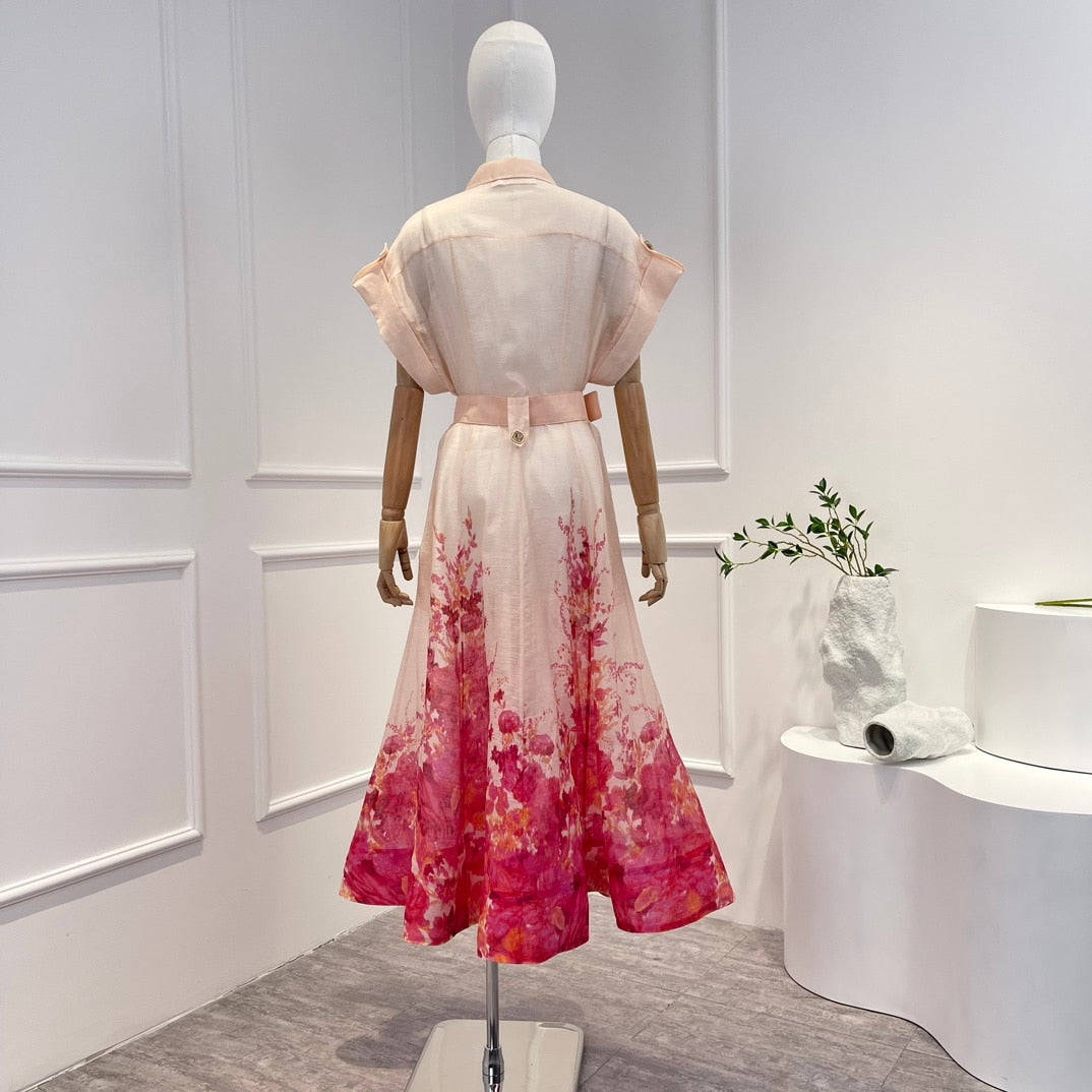 Top Quality Linen Silk Pink Floral Printing Midi Dress