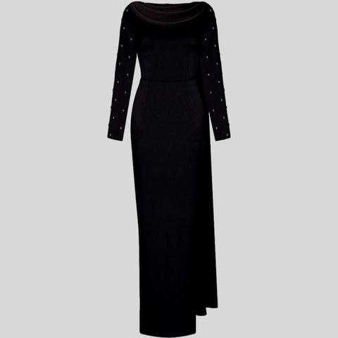 solid stand collar long sleeve high waist spliced hollow out slim chic dress