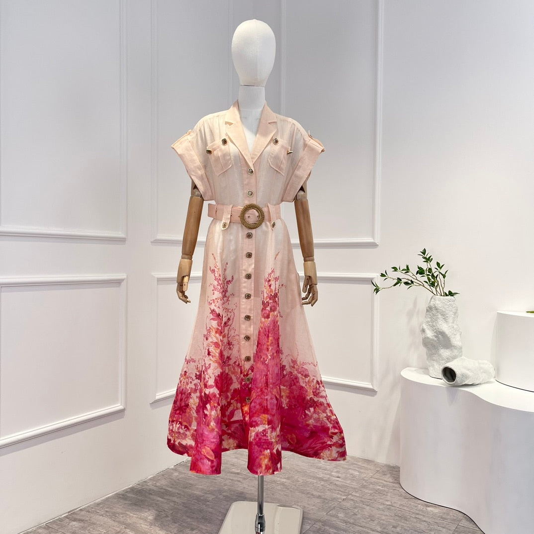 Top Quality Linen Silk Pink Floral Printing Midi Dress