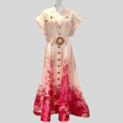 Top Quality Linen Silk Pink Floral Printing Midi Dress