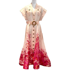 Top Quality Linen Silk Pink Floral Printing Midi Dress