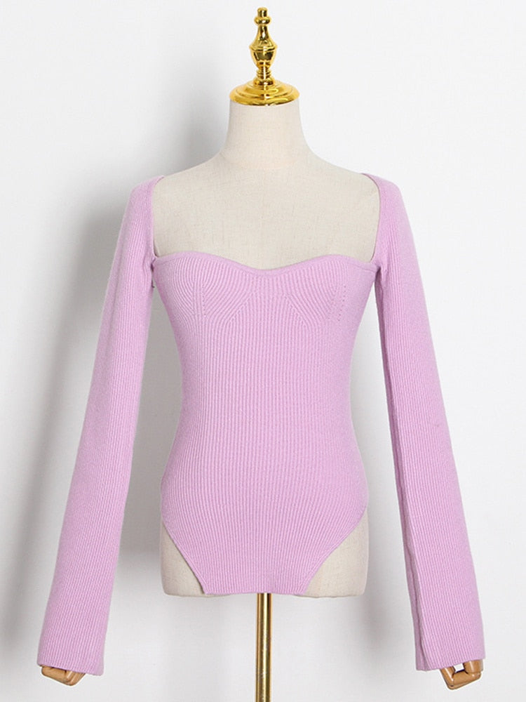 Square Collar Long Sleeve Skinny Solid Knitting Pullover