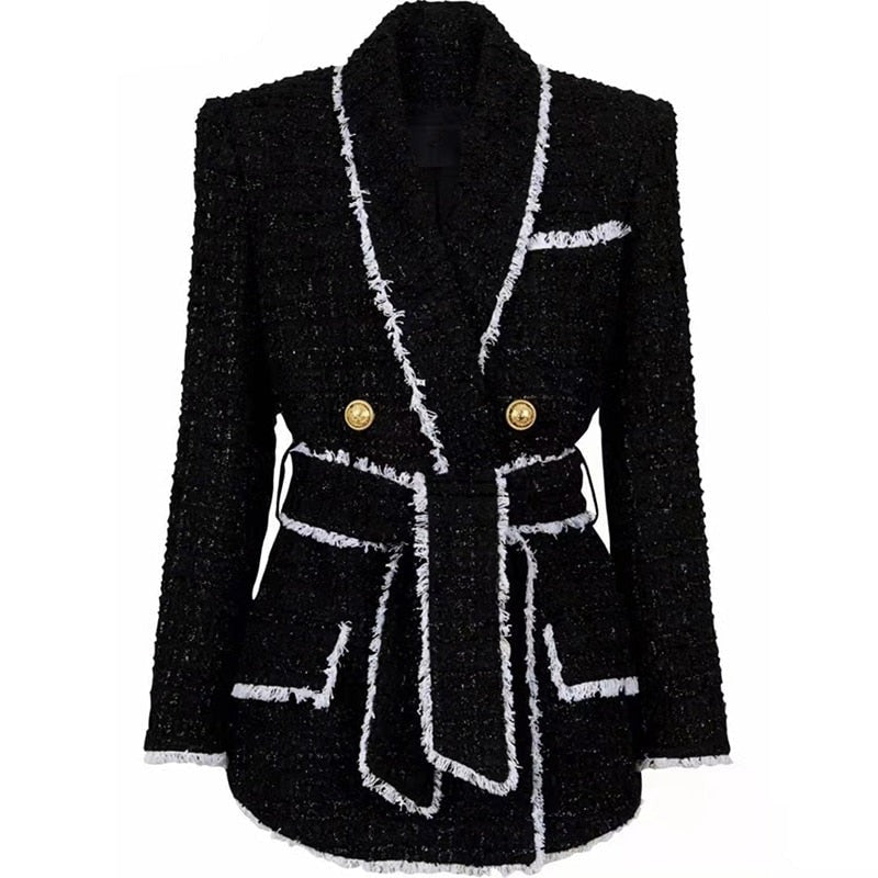 Elegant Warm Thick Fabric Woven Tweed Casual Bodycon Jacket with Belt