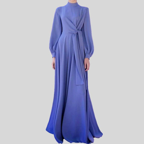 Vintage Blue Lantern Sleeve Pleated Maxi Dress
