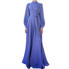 Vintage Blue Lantern Sleeve Pleated Maxi Dress